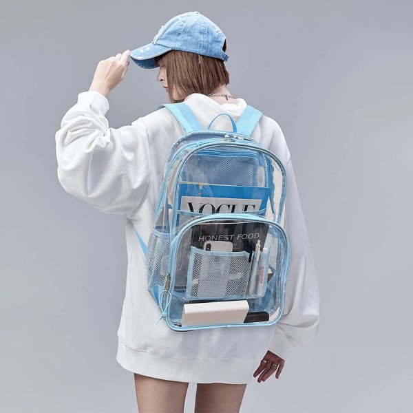 PVC school Backpack Waterproof durable See Through Bag Stadium Approved Clear Schoolbag Daypack Heavy Duty for travel Campus, Baby Blue